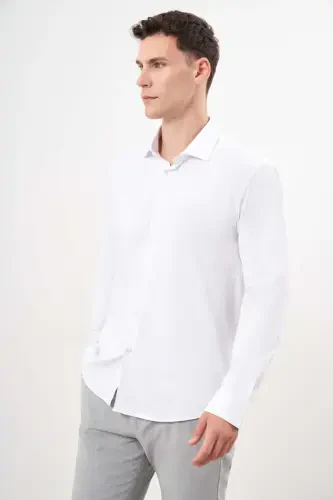 Modazone Men's White Basic Plain Pattern Italian Collar Slim Fit Shirt - 3