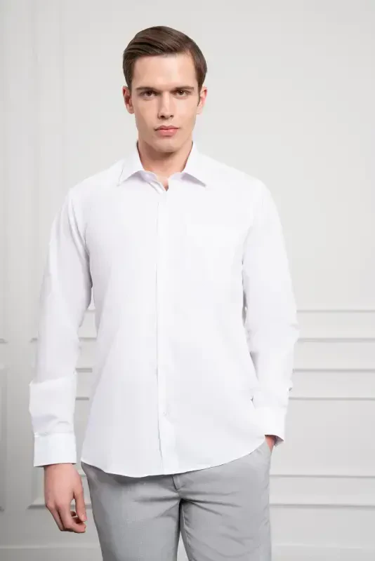 Modazone Men's White Basic Regular Fit Stiff Collar Shirt with Pocket - 1