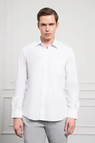Modazone Men's White Basic Regular Fit Stiff Collar Shirt with Pocket - 3