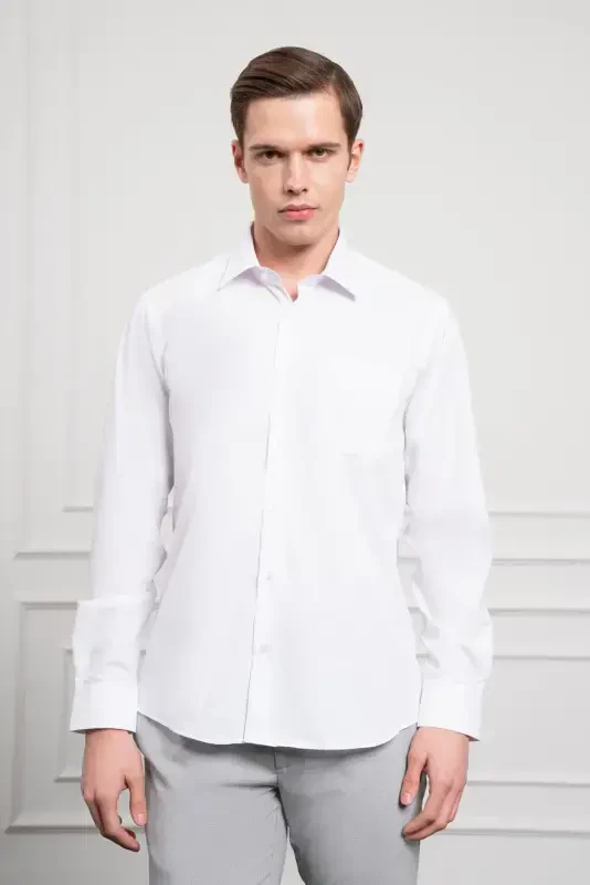 Modazone Men's White Basic Regular Fit Stiff Collar Shirt with Pocket - 3