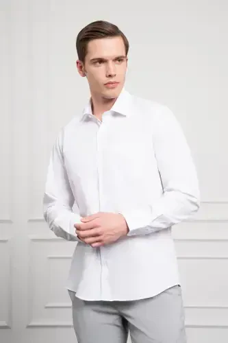 Modazone Men's White Basic Regular Fit Stiff Collar Shirt with Pocket - 4