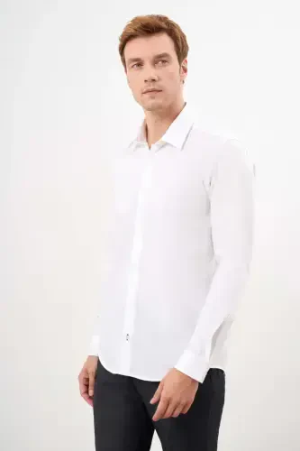 Modazone Men's White Cotton Plain Pattern Hard Collar Slim Fit Shirt - 3