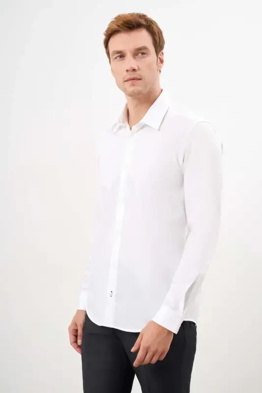 Modazone Men's White Cotton Plain Pattern Hard Collar Slim Fit Shirt - 3