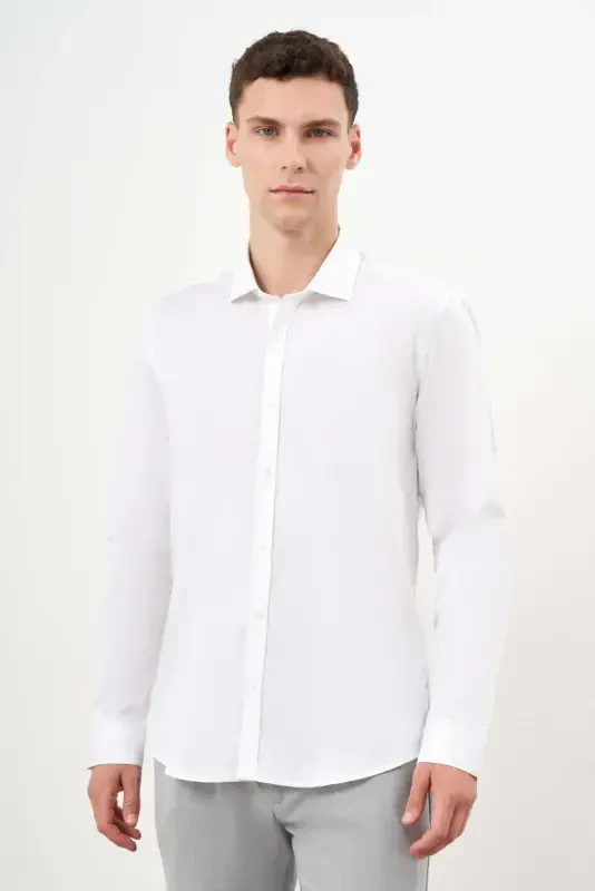 Modazone Men's White Cotton Printed Patterned Italian Collar Slim Fit Shirt - MORVEN