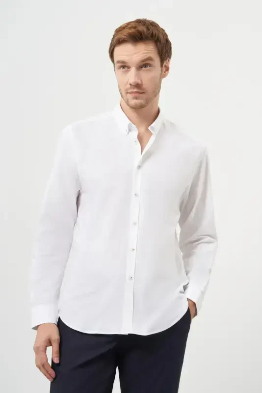 Modazone Men's White Cotton Trend Button-Down Collar Dynamic Fit Shirt - 2