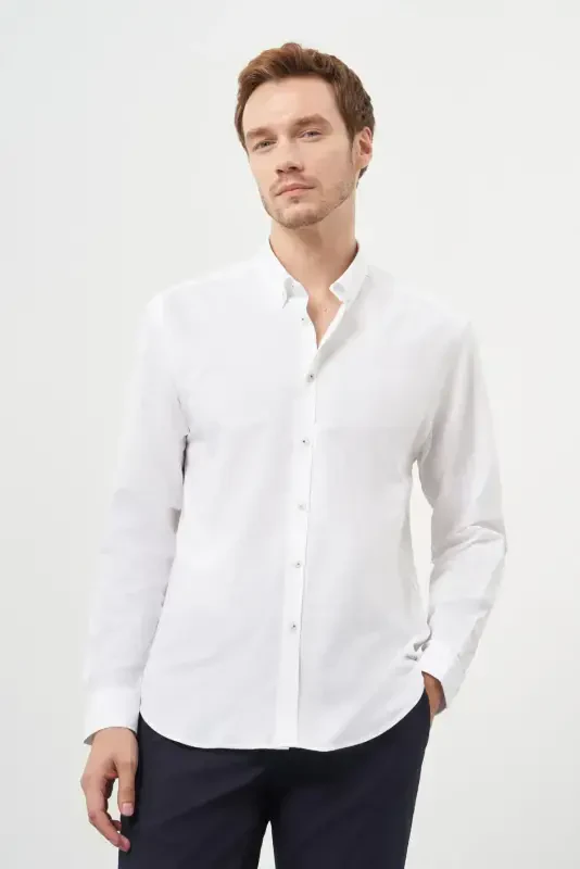 Modazone Men's White Cotton Trend Button-Down Collar Dynamic Fit Shirt - 3