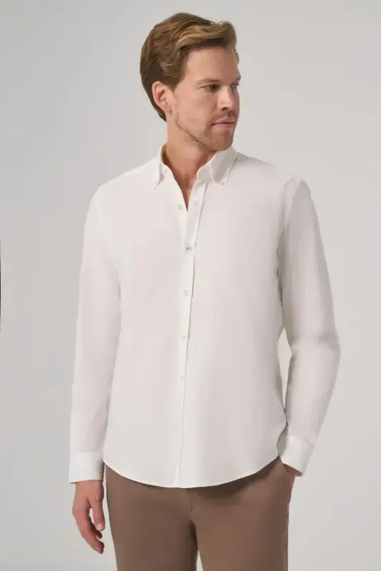 Modazone Men's White Cotton Trend Dynamic Fit Button-Down Collar Shirt - 1