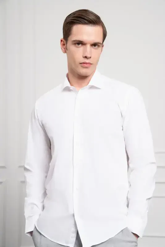 Modazone Men's White Cotton Trend Slim Fit Narrow Cut Italian Collar Shirt - 4