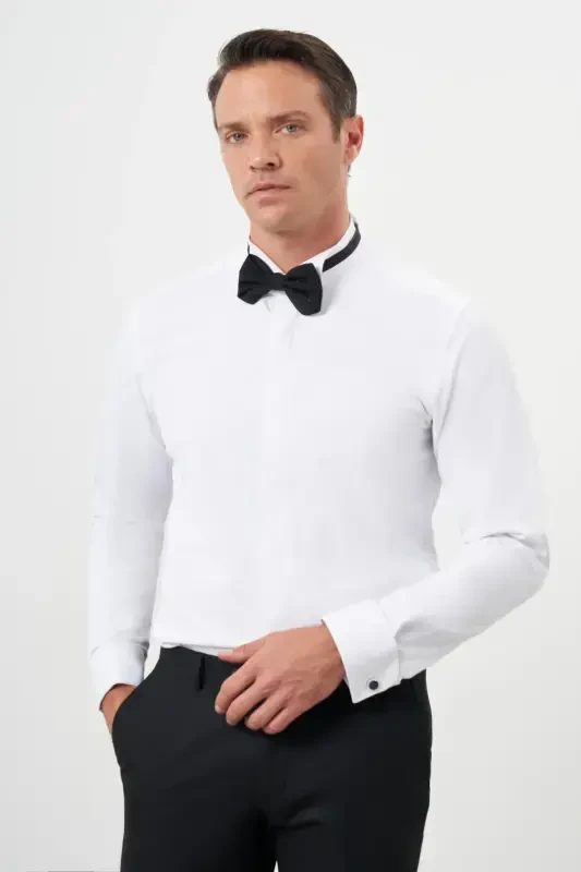 Modazone Men's White Cuffed Plain Pattern Grandad Collar Slim Fit Shirt - MORVEN