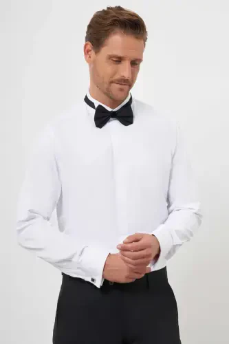 Modazone Men's White Cuffed Plain Pattern Grandad Collar Slim Fit Shirt - 3