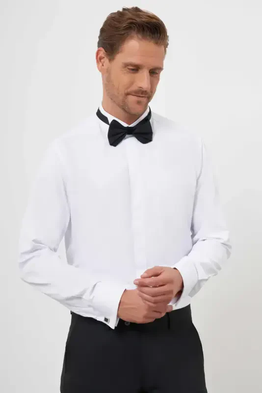 Modazone Men's White Cuffed Plain Pattern Grandad Collar Slim Fit Shirt - 3