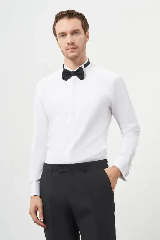 Modazone Men's White Cuffed Slim Fit Band Collar Shirt - 1