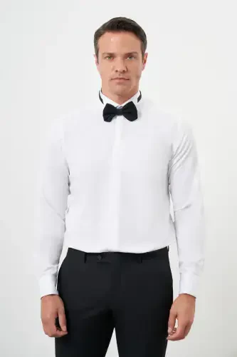 Modazone Men's White Cufflinked Jacquard Pattern Grandad Collar Slim Fit Shirt - 1