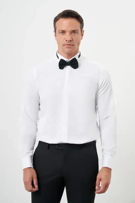 Modazone Men's White Cufflinked Jacquard Pattern Grandad Collar Slim Fit Shirt - 1