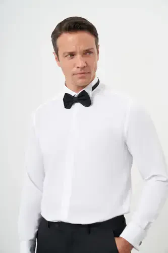 Modazone Men's White Cufflinked Jacquard Pattern Grandad Collar Slim Fit Shirt - 3