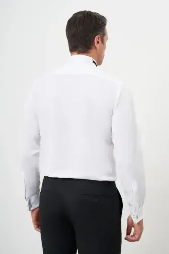 Modazone Men's White Cufflinked Jacquard Pattern Grandad Collar Slim Fit Shirt - 5