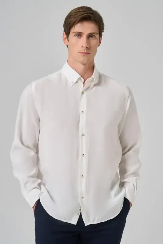 Modazone Men's White Dynamic Fit Button-Down Collar Modal Shirt - 1