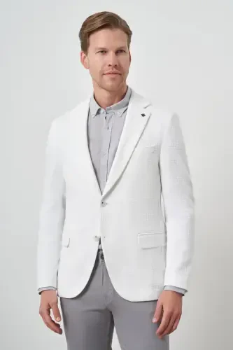 Modazone Men's White Knitted Patterned Mono Collar Slim Fit Jacket - 1