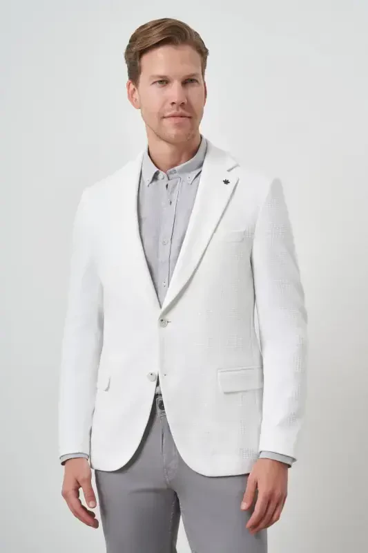 Modazone Men's White Knitted Patterned Mono Collar Slim Fit Jacket - MORVEN