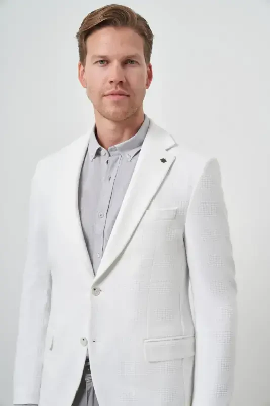 Modazone Men's White Knitted Patterned Mono Collar Slim Fit Jacket - 3