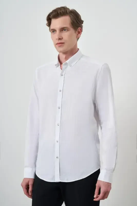 Modazone Men's White Linen Trend Dynamic Fit Button-Down Collar Shirt - 4