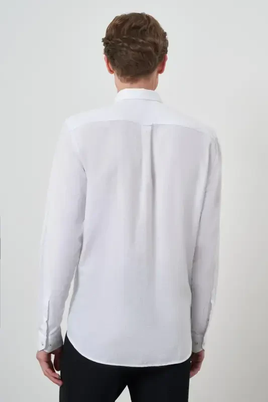 Modazone Men's White Linen Trend Dynamic Fit Button-Down Collar Shirt - 5