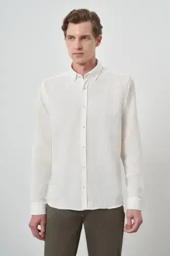 Modazone Men's White Trend Linen Slim Fit Button-Down Collar Shirt - 4