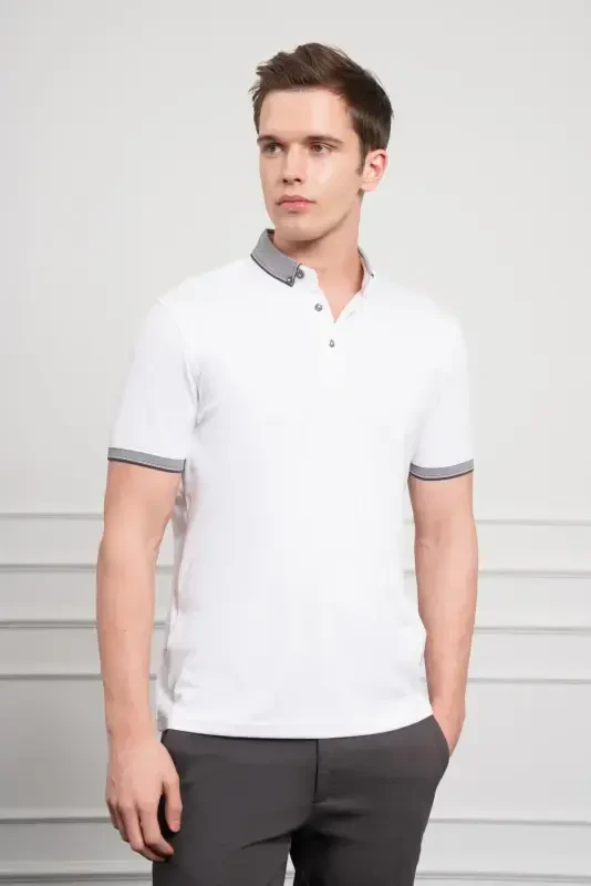 Modazone Men's White Trend Mercerized Plain Buttoned Collar Dynamic Fit T-Shirt - 1