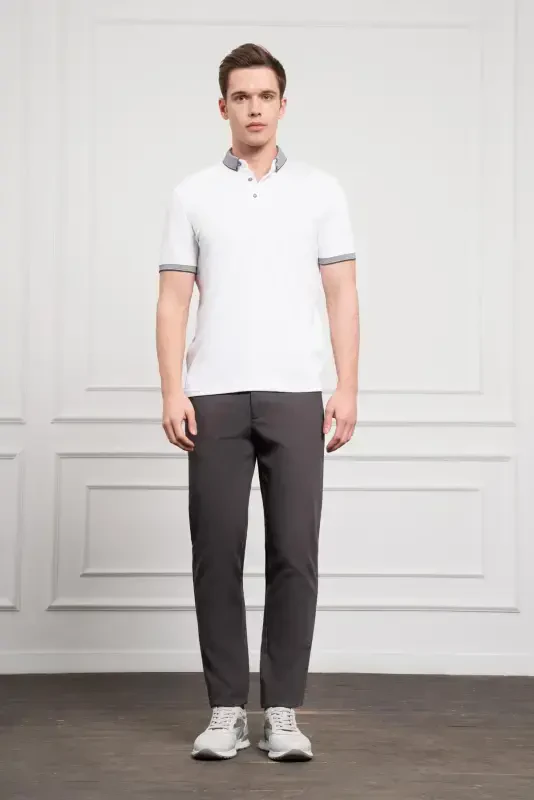 Modazone Men's White Trend Mercerized Plain Buttoned Collar Dynamic Fit T-Shirt - 2