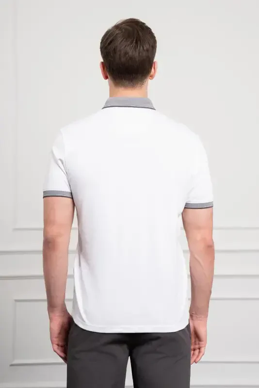 Modazone Men's White Trend Mercerized Plain Buttoned Collar Dynamic Fit T-Shirt - 6