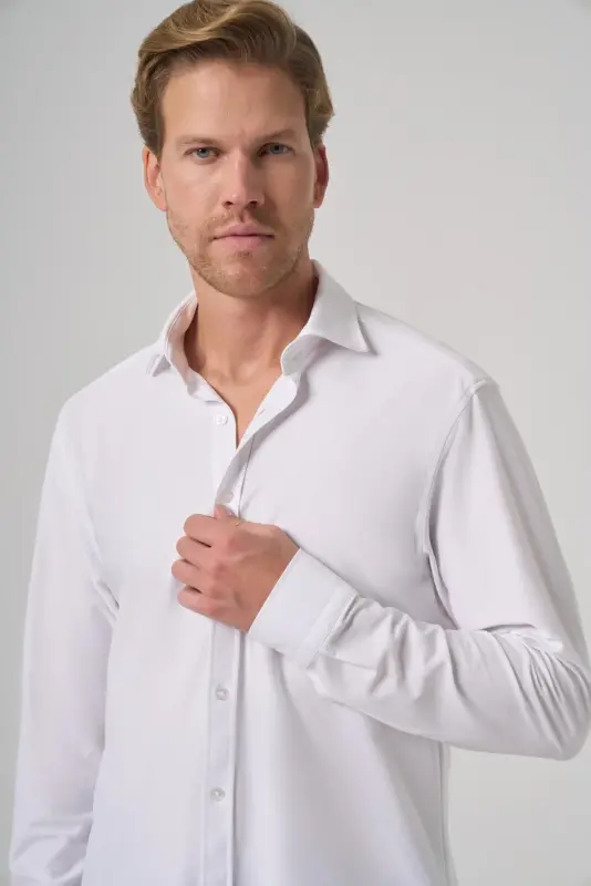 Modazone Men's White Trend Plain Slim Fit Full Italian Collar Shirt - 3