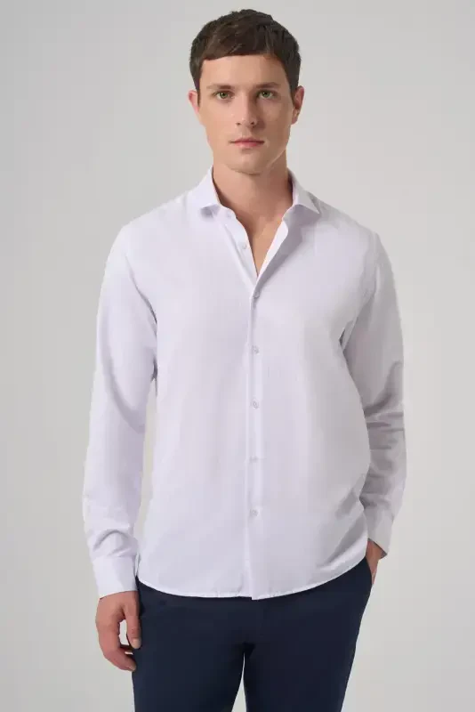 Modazone Men's White Trend Slim Fit Italian Collar Shirt - MORVEN