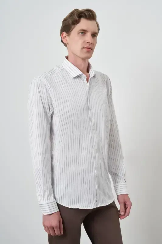 Modazone Men's White Trend Striped Slim Fit Italian Collar Shirt - 4