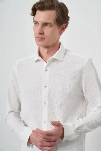 Modazone Men's White Waffle Trendy Patterned Dynamic Fit Italian Collar Shirt - 3