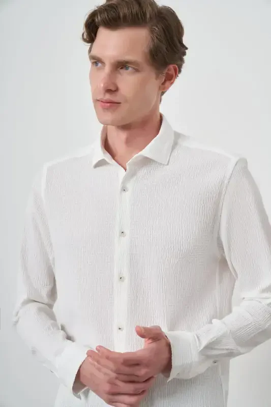 Modazone Men's White Waffle Trendy Patterned Dynamic Fit Italian Collar Shirt - 3