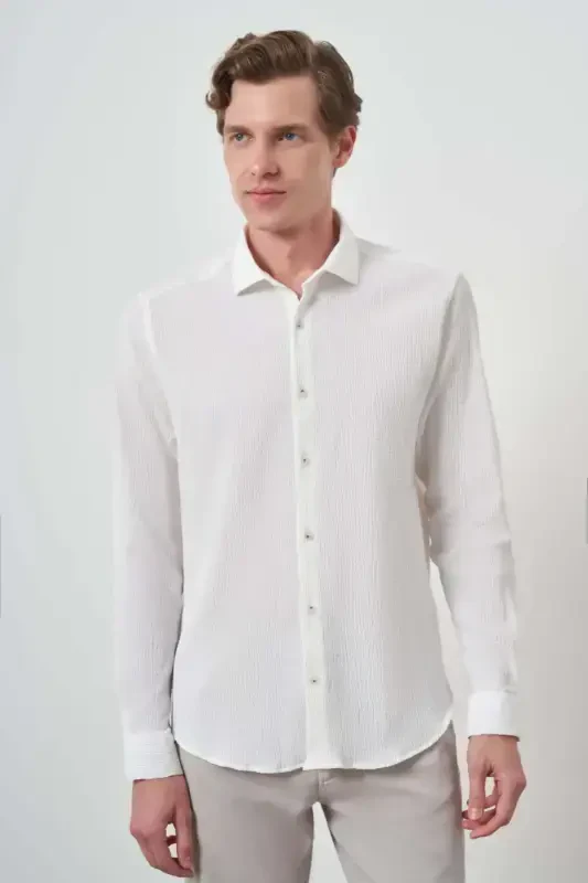 Modazone Men's White Waffle Trendy Patterned Dynamic Fit Italian Collar Shirt - 4