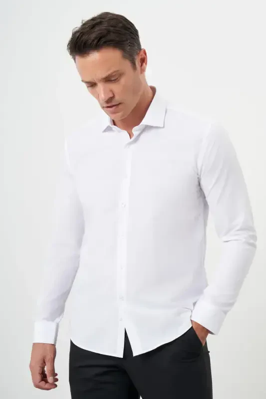 Modazone Мужская Белая Базовая Однотонная Итальянский Воротник Slim Fit Рубашка - 2