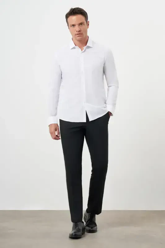 Modazone Мужская Белая Базовая Однотонная Итальянский Воротник Slim Fit Рубашка - 4