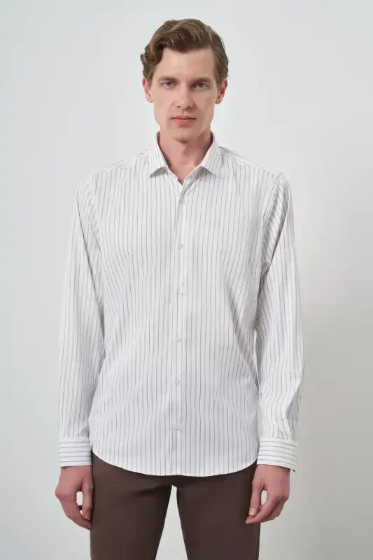 Modazone Мужская Белая Модная Рубашка в Полоску Slim Fit с Итальянским Воротником - 3