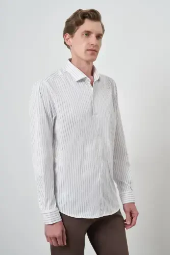 Modazone Мужская Белая Модная Рубашка в Полоску Slim Fit с Итальянским Воротником - 4