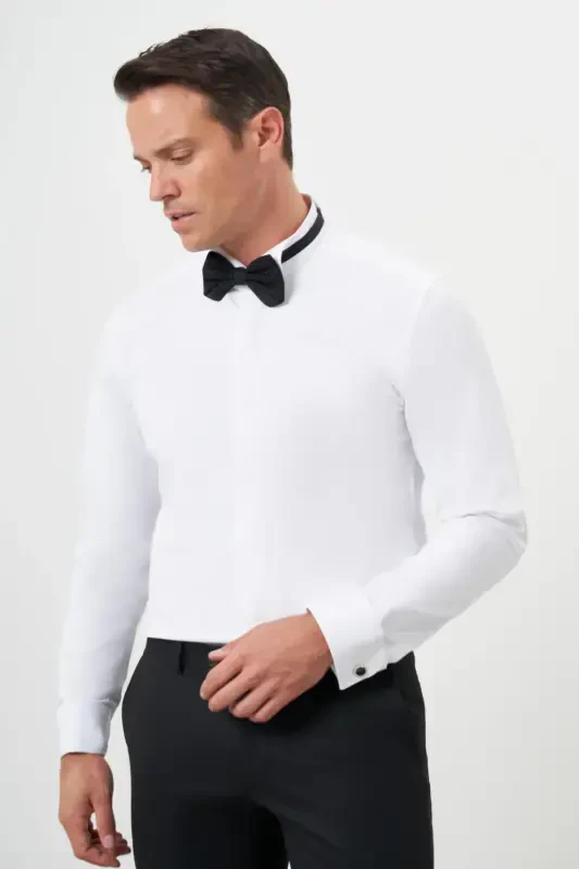 Modazone Мужская Белая Рубашка Slim Fit с Воротником Ата и Манжетами, Однотонная - 3