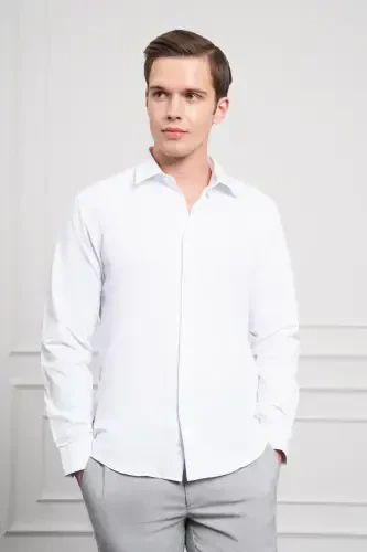 Modazone Мужская Белая Slim Fit Узкая Посадка Жесткий Спортивный Воротник Рубашка - 4