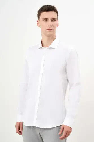 Modazone Мужская белая хлопковая рубашка Slim Fit с итальянским воротником и принтом - MORVEN (1)