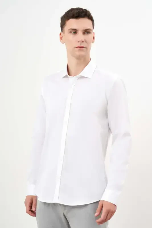 Modazone Мужская белая хлопковая рубашка Slim Fit с итальянским воротником и принтом - 2