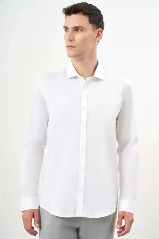 Modazone Мужская белая хлопковая рубашка Slim Fit с итальянским воротником и принтом - 3