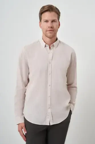 Modazone Мужская Бежевая Льняная Тенденция Dynamic Fit Рубашка с Пуговицами на Воротнике - 3