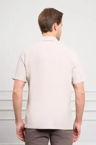 Modazone Мужская бежевая рубашка с воротником апаш и короткими рукавами - 5