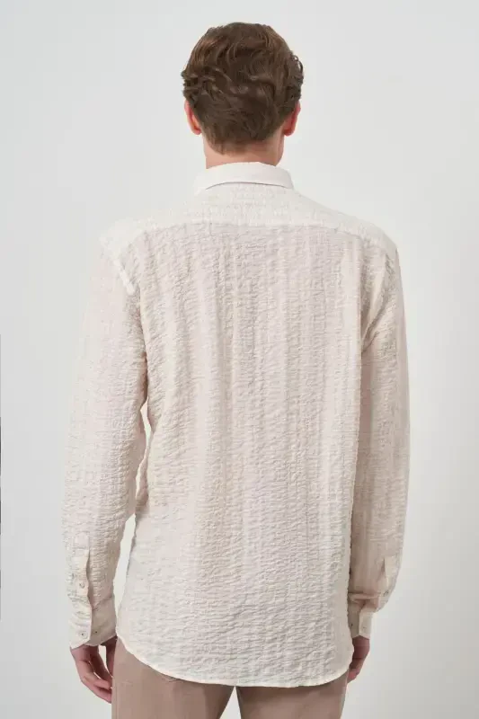 Modazone Мужская бежевая хлопковая трендовая приталенная рубашка с воротником на пуговицах - 4