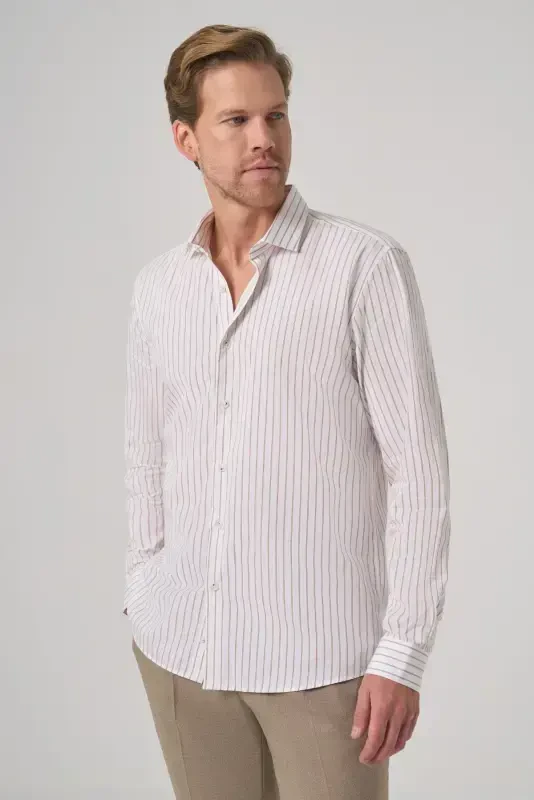 Modazone Мужская Бежевая Хлопковая Tрендовая Полосатая Slim Fit Полуитальянская Рубашка с Воротником - MORVEN