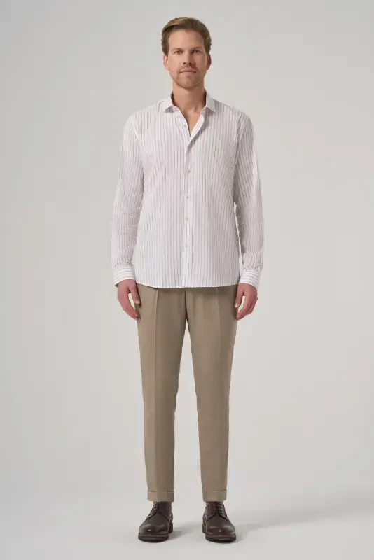 Modazone Мужская Бежевая Хлопковая Tрендовая Полосатая Slim Fit Полуитальянская Рубашка с Воротником - 4